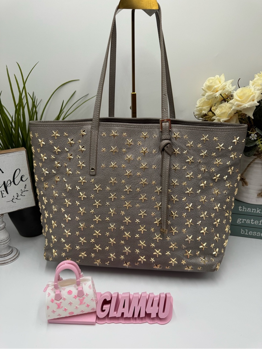 Jimmy Choo Gray Leather Star Studded Tote Bag | Sasha Medium Shopper - Picture 1 of 10